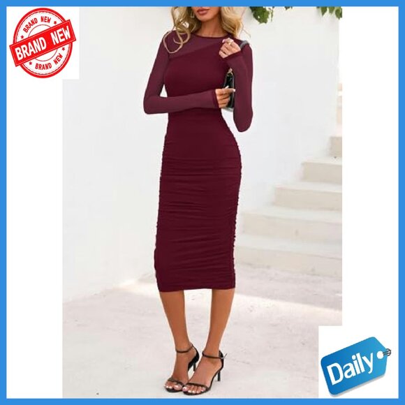 Long Sleeve Mesh Bodycon Dress Mock Neck Ruched Cocktail Party - Picture 7 of 8